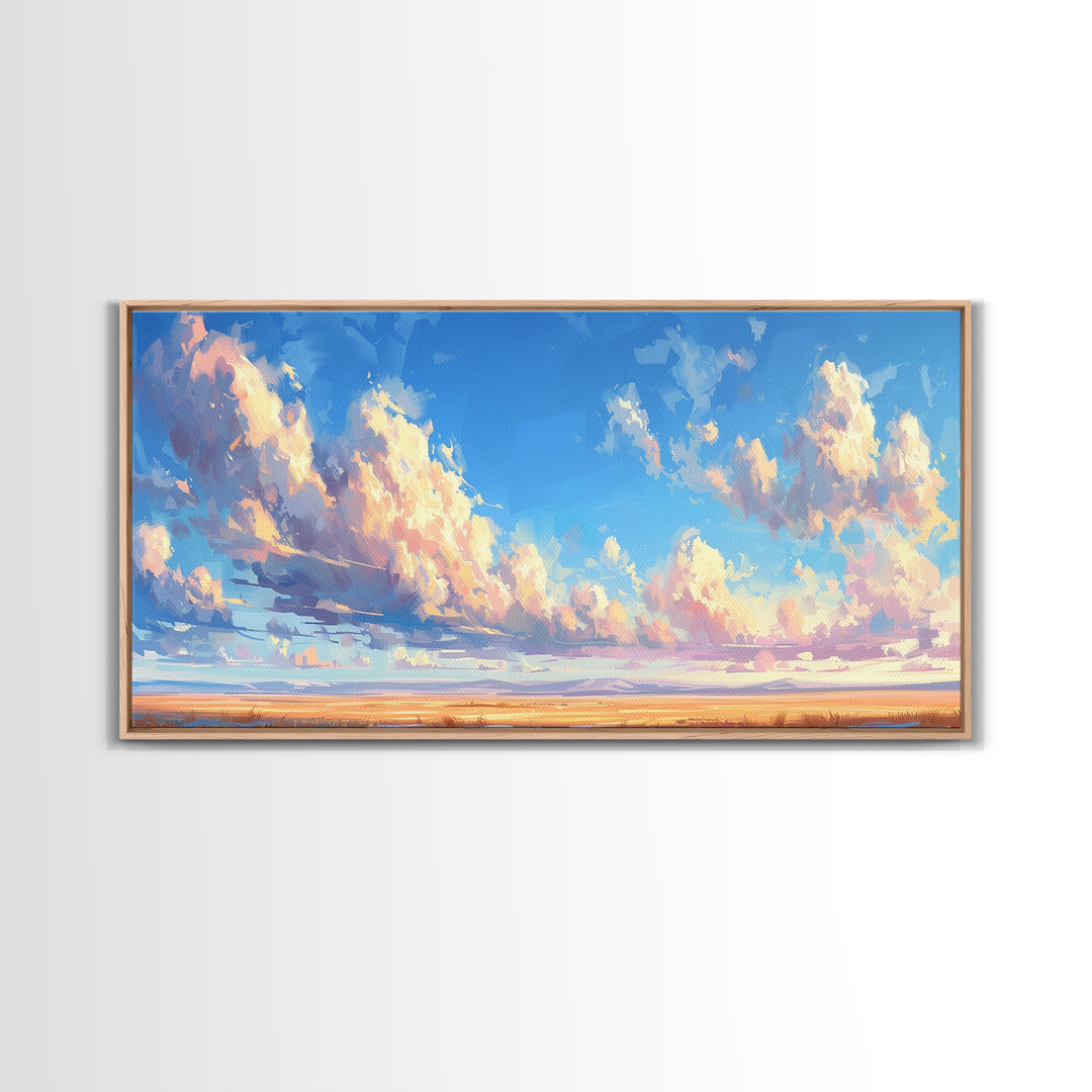 Panoramic Oil Painting Print of A Cloudy Sky Framed Canvas Print, Boho Minimalist Home Decor, Guest Room Wall Art