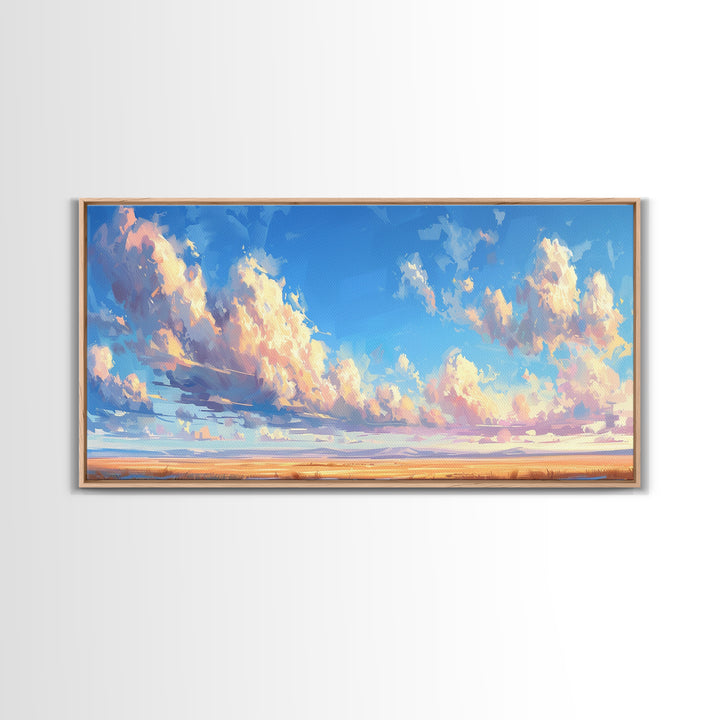 Panoramic Oil Painting Print of A Cloudy Sky Framed Canvas Print, Boho Minimalist Home Decor, Guest Room Wall Art
