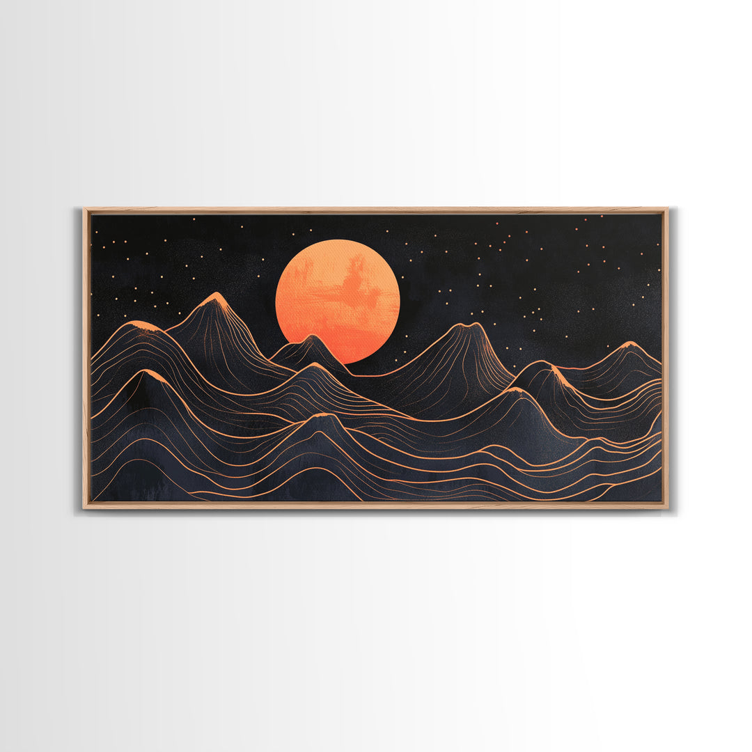 Art Deco Style Abstract Art, Orange Blood Moon Over Mountain Landscape, Retro Home Decor