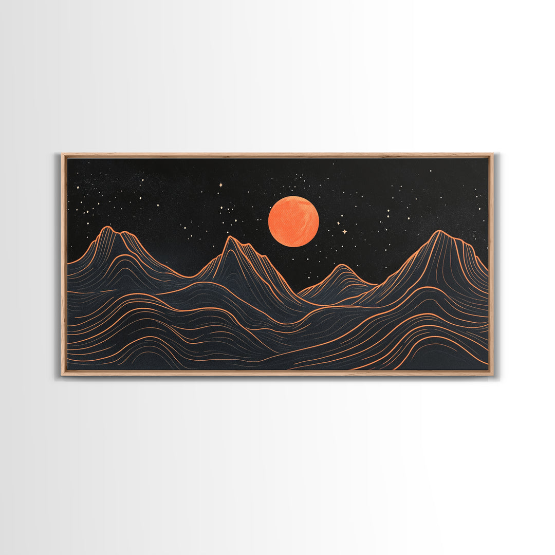 Blood Moon Over a Desert Landscape, Dark and Moody Decor, Framed Canvas Print, Pueblo Style Southwestern Art