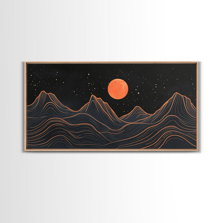 Blood Moon Over a Desert Landscape, Dark and Moody Decor, Framed Canvas Print, Pueblo Style Southwestern Art