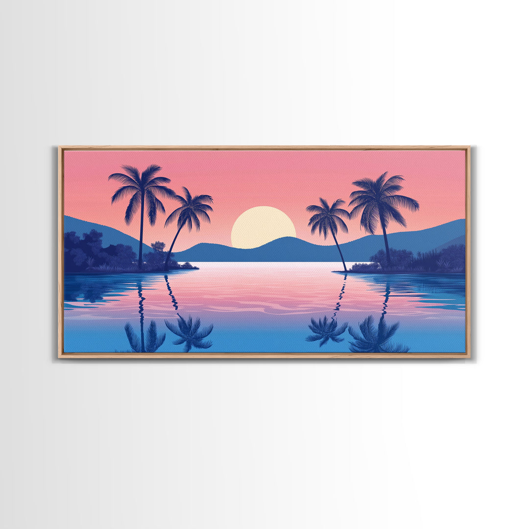 Abstract Vaporwave Sunset Over A Beach Landscape, Framed Canvas Print, Modern Art, Unique Wall Decor, Framed Canvas Art