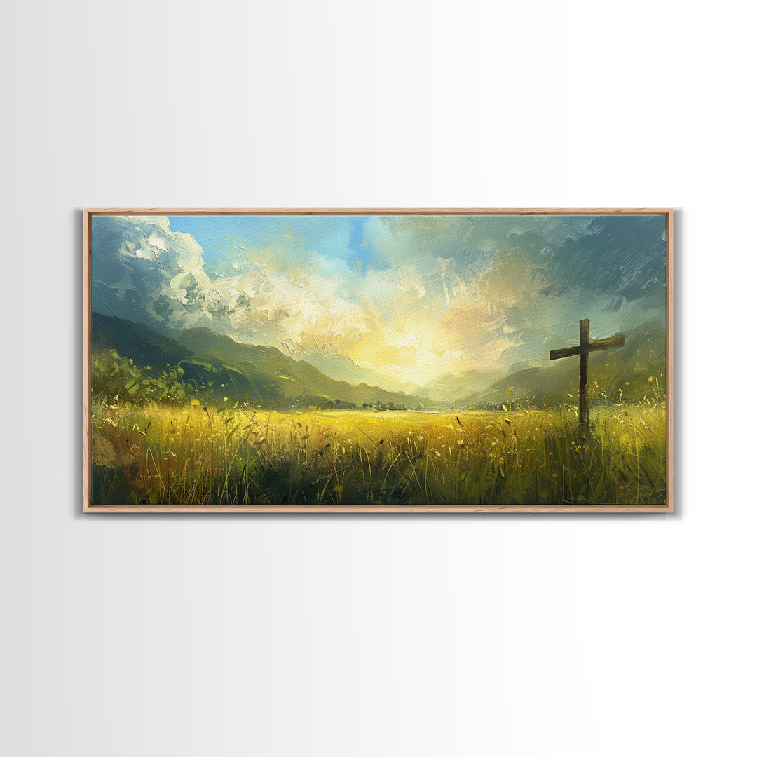 Cross In a Field Of Grass Framed Canvas Print, Christian Wall Art, Landscape Painting, Faith Decor, Cross Painting