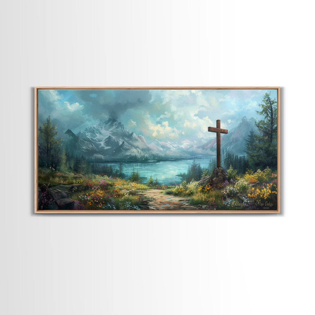 Cross In The Mountains Framed Canvas Print, Christian Faith Wall Art, Beautiful Landscape Painting