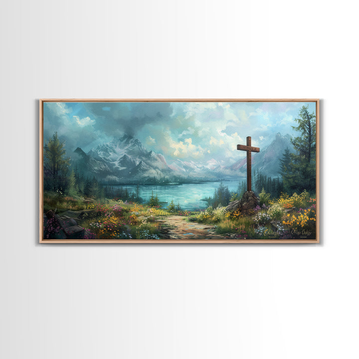 Cross In The Mountains Framed Canvas Print, Christian Faith Wall Art, Beautiful Landscape Painting