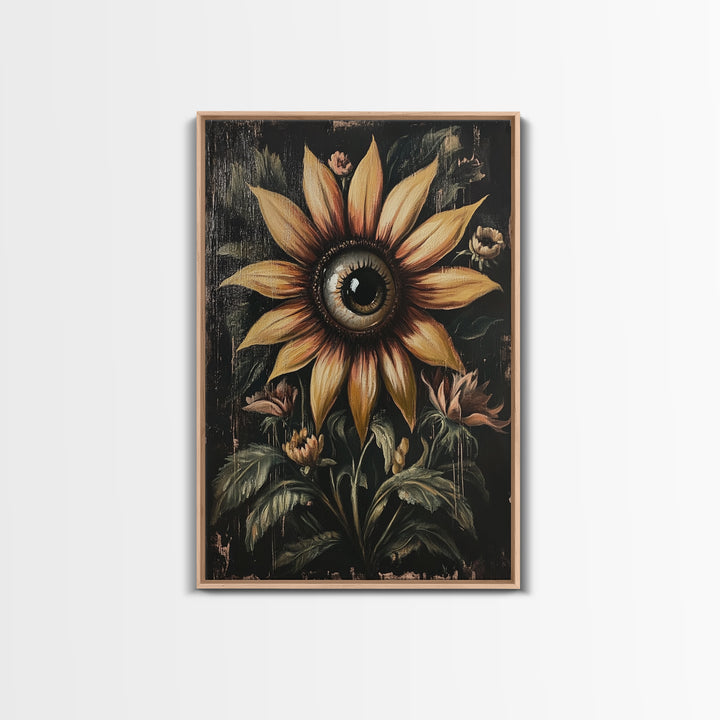 Cyclops Sunflower Framed Canvas Print - Spooky Home Decor - Halloween Wall Art - Dark Academia Macabre Wall Art Goth Botanical Art
