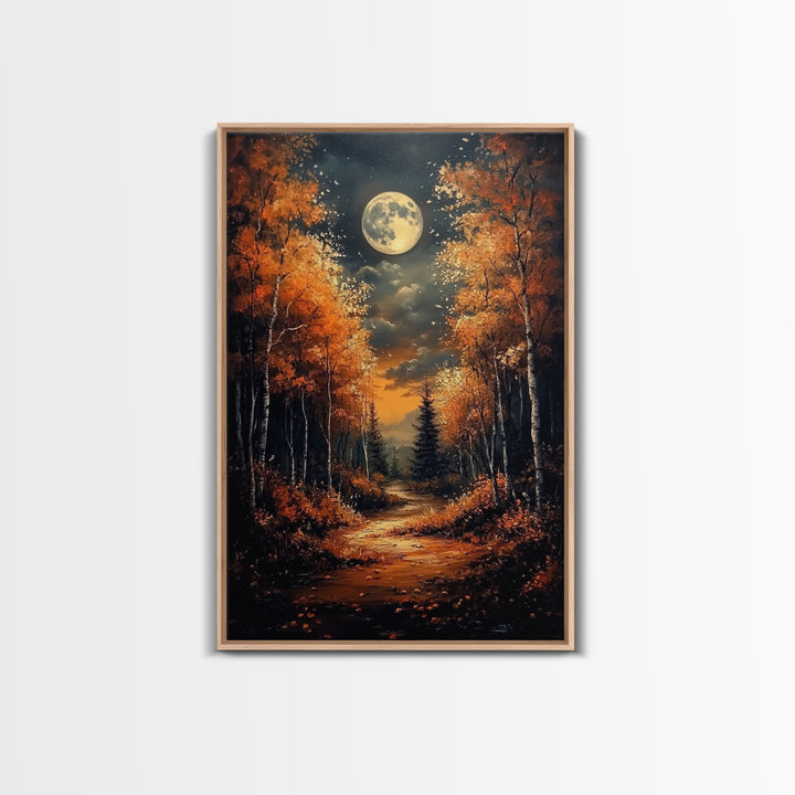 Full Moon Over a Haunted Forest, Framed Canvas Print, Wood Framed Wall Art, Dark Academia Witchy Decor