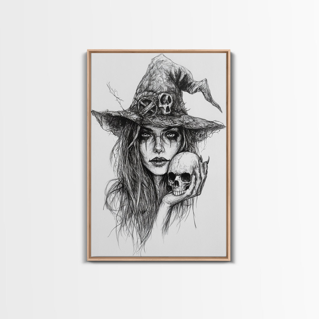 Charcoal Sketch Portrait Of a Witch Canvas Print, Dark Academia Wall Art, Moody Decor, Macabre Home Decor, Witchy Wall Art, Halloween Art