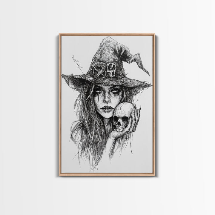 Charcoal Sketch Portrait Of a Witch Canvas Print, Dark Academia Wall Art, Moody Decor, Macabre Home Decor, Witchy Wall Art, Halloween Art