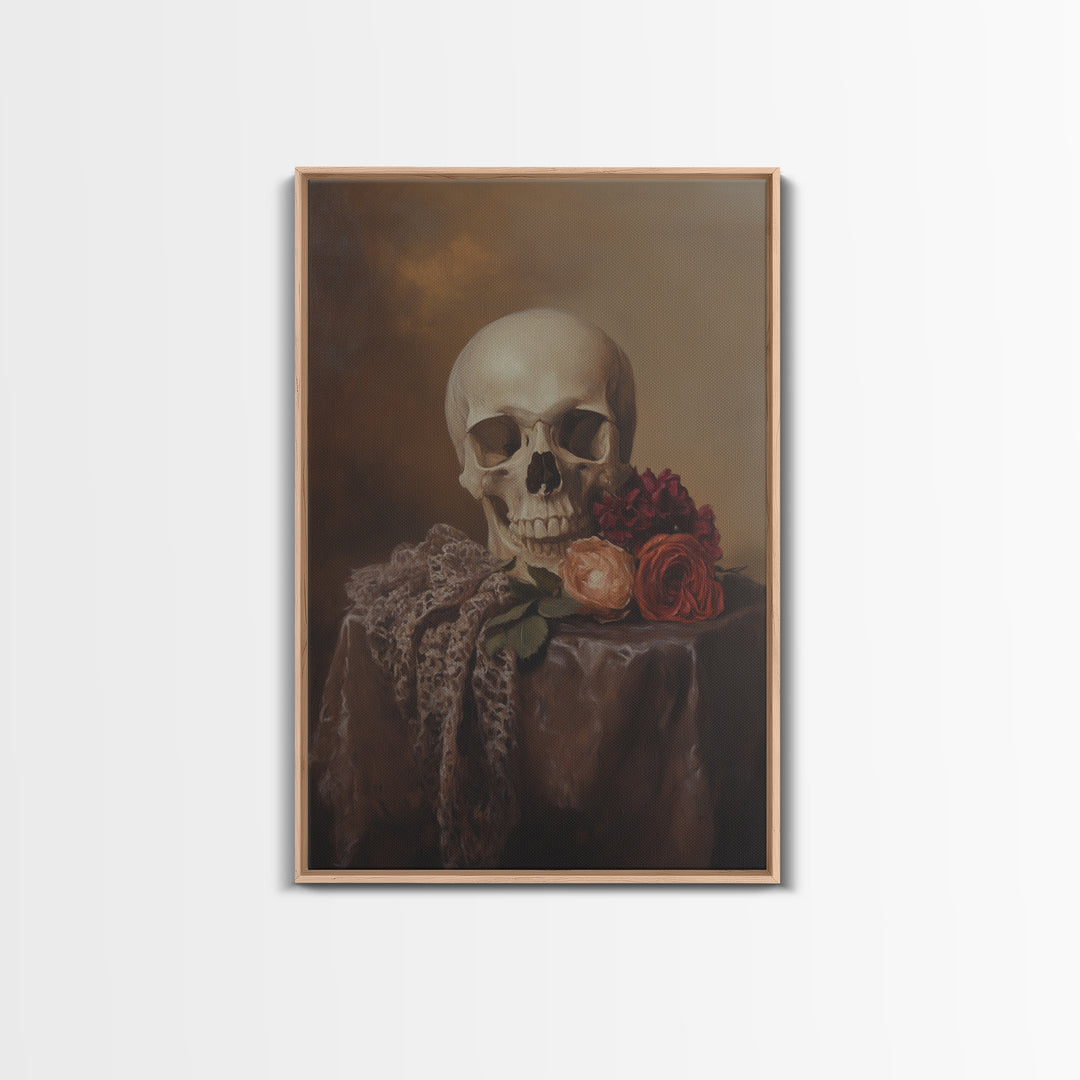 Dark Macabre Wall Art, Framed Canvas Print, Still Life Of a Skull and Roses, Dark Academia Decor, Halloween Art, Halloween Painting, Goth Art