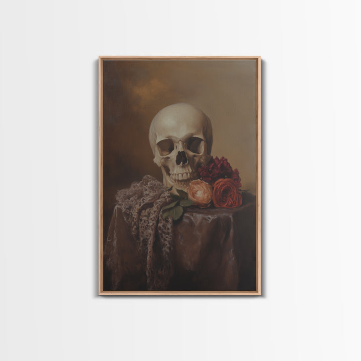Dark Macabre Wall Art, Framed Canvas Print, Still Life Of a Skull and Roses, Dark Academia Decor, Halloween Art, Halloween Painting, Goth Art