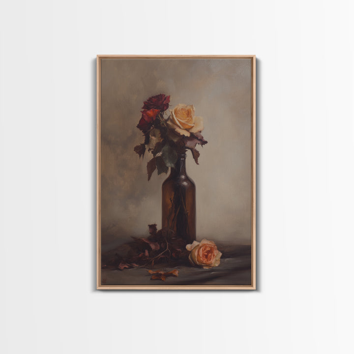 Roses in a Wine Bottle Oil Painting Print, Still Life of Roses, Rose Painting, Rose Art, Moody Decor, Subdued Art