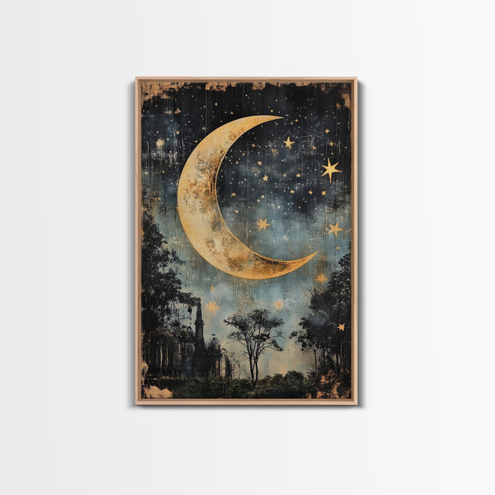 Mystical Moon Painting Print, Folk Art Canvas Print, Eerie Atmospheric Wall Art, Subdued and Moody Home Decor, Crescent Moon Painting