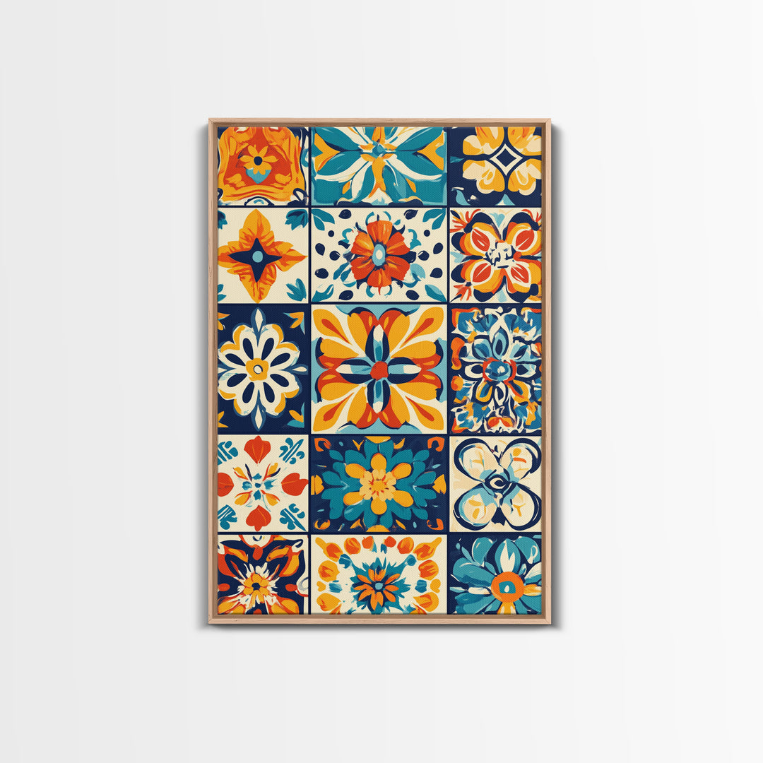 Textile Wall Art, Mexican Tile Canvas Print, Framed Wall Art, Mexicano Style Decor, Chicano Art, Textile Painting Wall Art