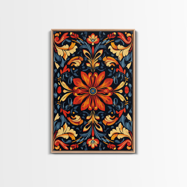 Botanical Floral Tile Pattern Framed Canvas Print, Southwestern Decor, Modern Farmhouse, Pueblo Style Art, Mexicano Chicano Art