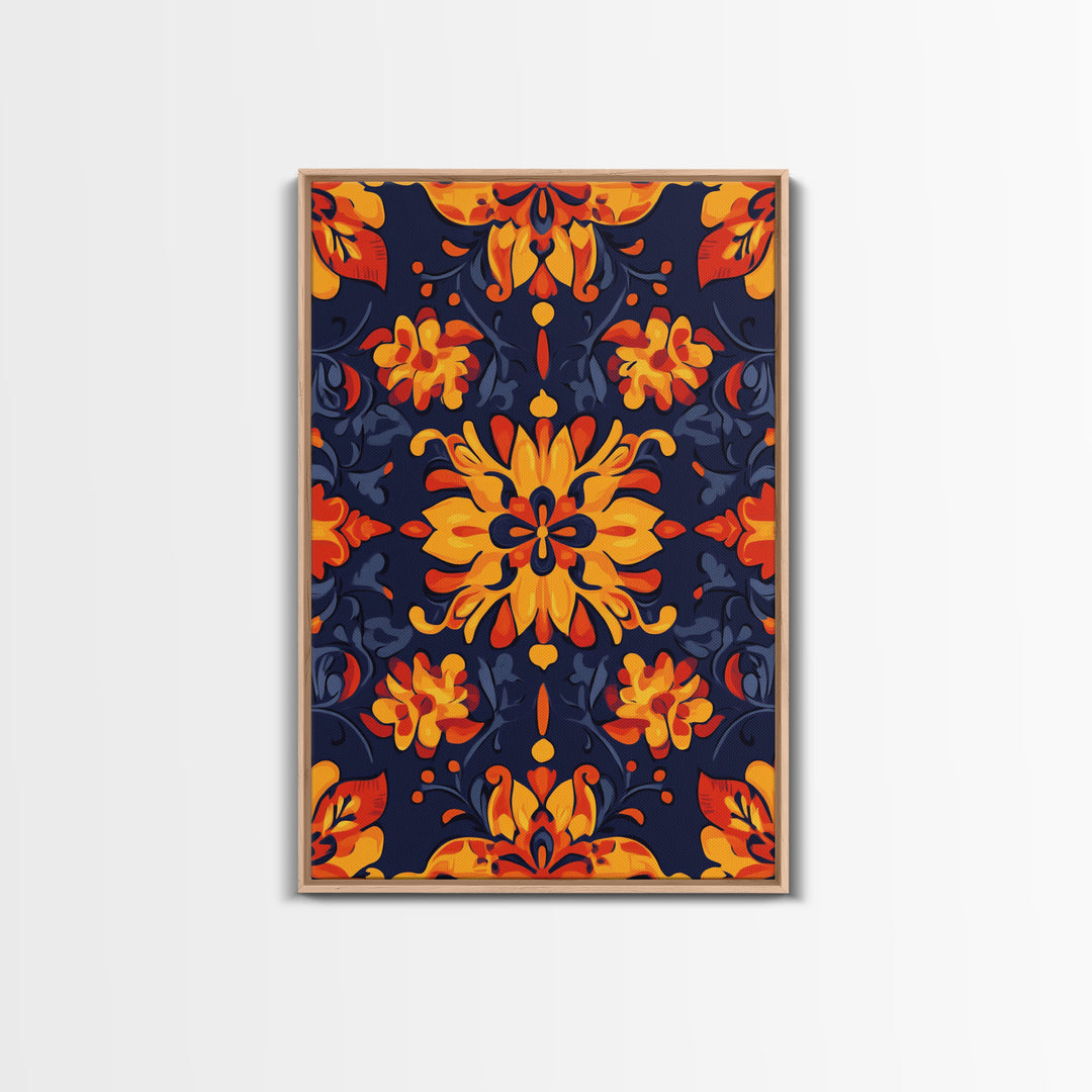 Botanical Pattern Wall Art Framed Canvas Print, Wood Framed Art, Mexicano Art, Mexican Tile Print Wall Art, Chicano Farmhouse Art
