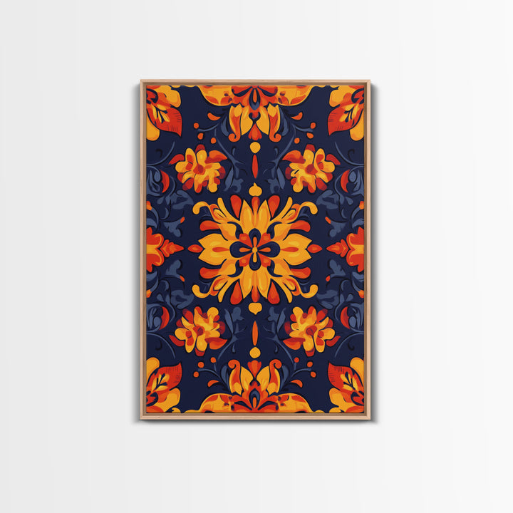Botanical Pattern Wall Art Framed Canvas Print, Wood Framed Art, Mexicano Art, Mexican Tile Print Wall Art, Chicano Farmhouse Art