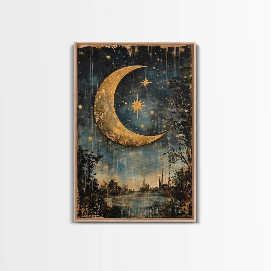 Crescent Moon in Starry Night Sky, Folk Art Framed Canvas Print, Boho Eclectic Decor, Minimalist Witchy Wall Art, Moody Decor