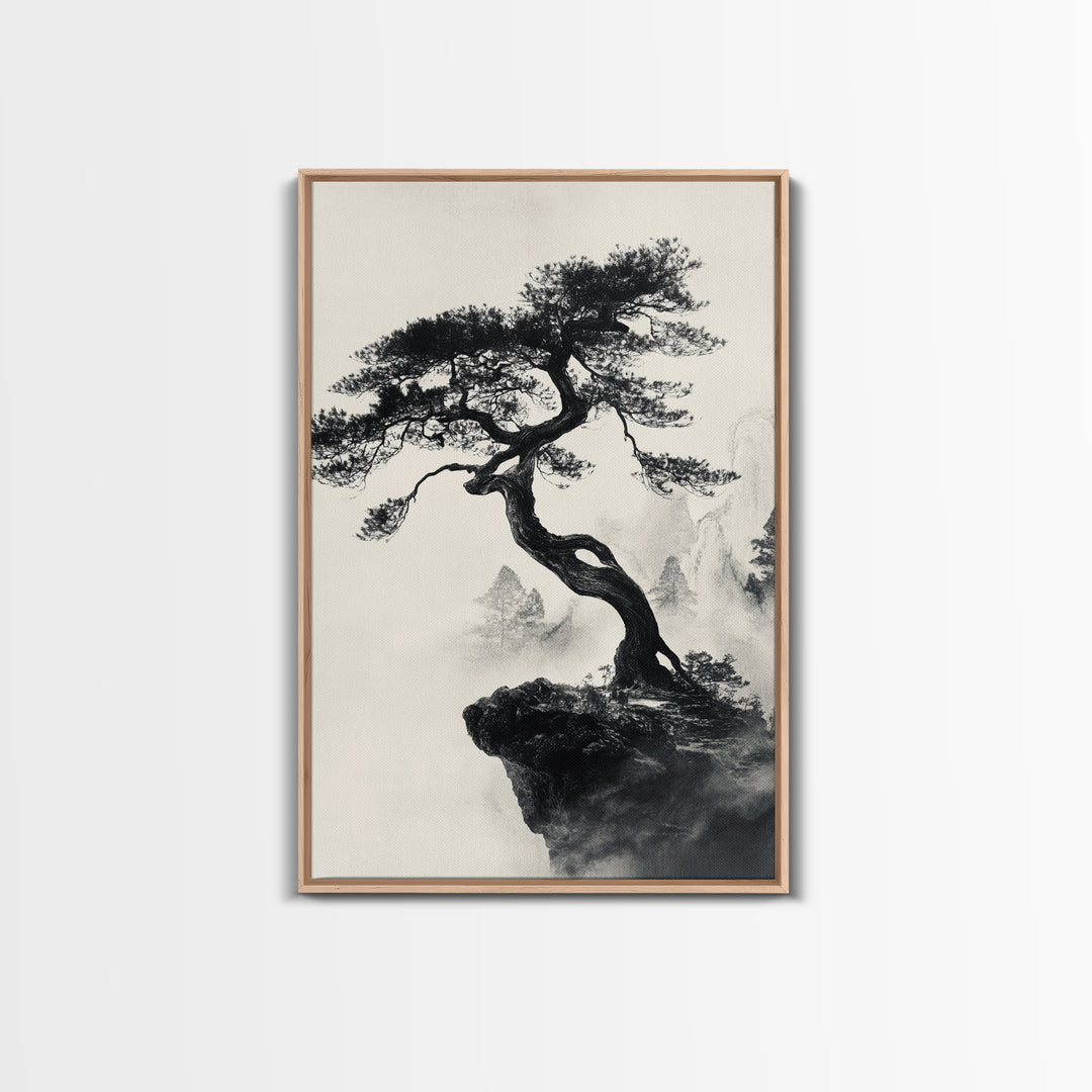 Bonzai Tree on a Cliff Wabi Sabi Painting Print, Wood Framed Wall Art, Bonzai Tree Art, Japanese Style Artwork