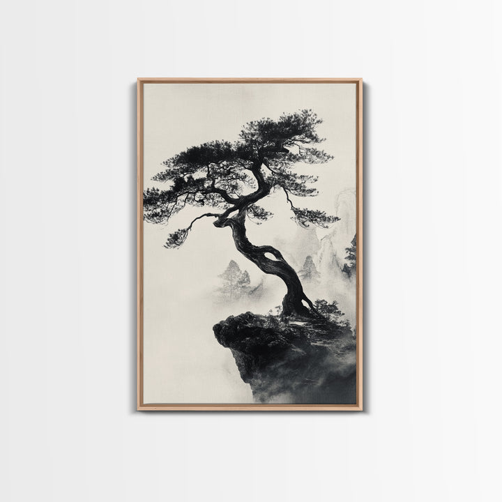 Bonzai Tree on a Cliff Wabi Sabi Painting Print, Wood Framed Wall Art, Bonzai Tree Art, Japanese Style Artwork
