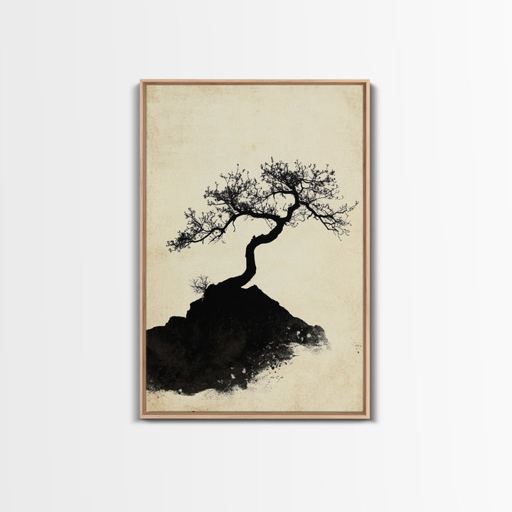 Black and White Charcoal Sketch Print of a Bonzai Tree, Framed Canvas Print, Wabi Sabi Art, Wabi Sabi Painting, Minimalist Home Decor