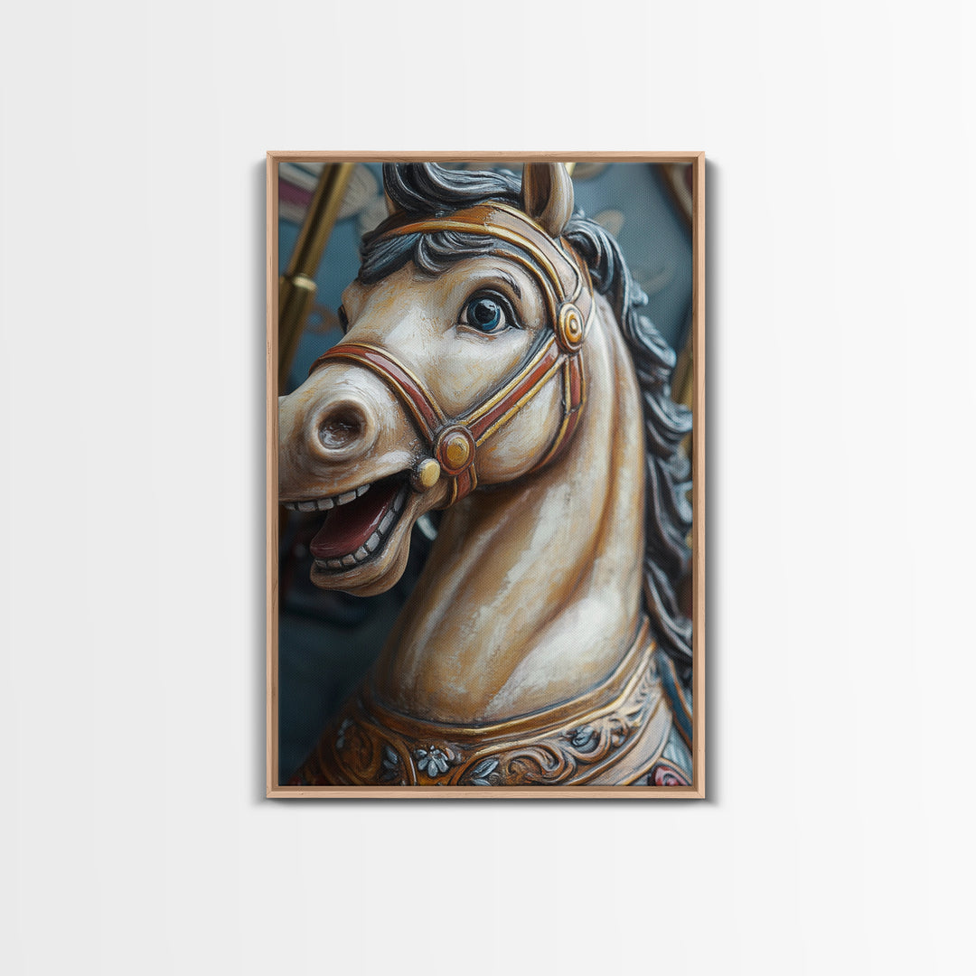 Creepy Carrousel Horse Framed Canvas Print, Nursery Decor, Wood Framed Wall Art Home Decor