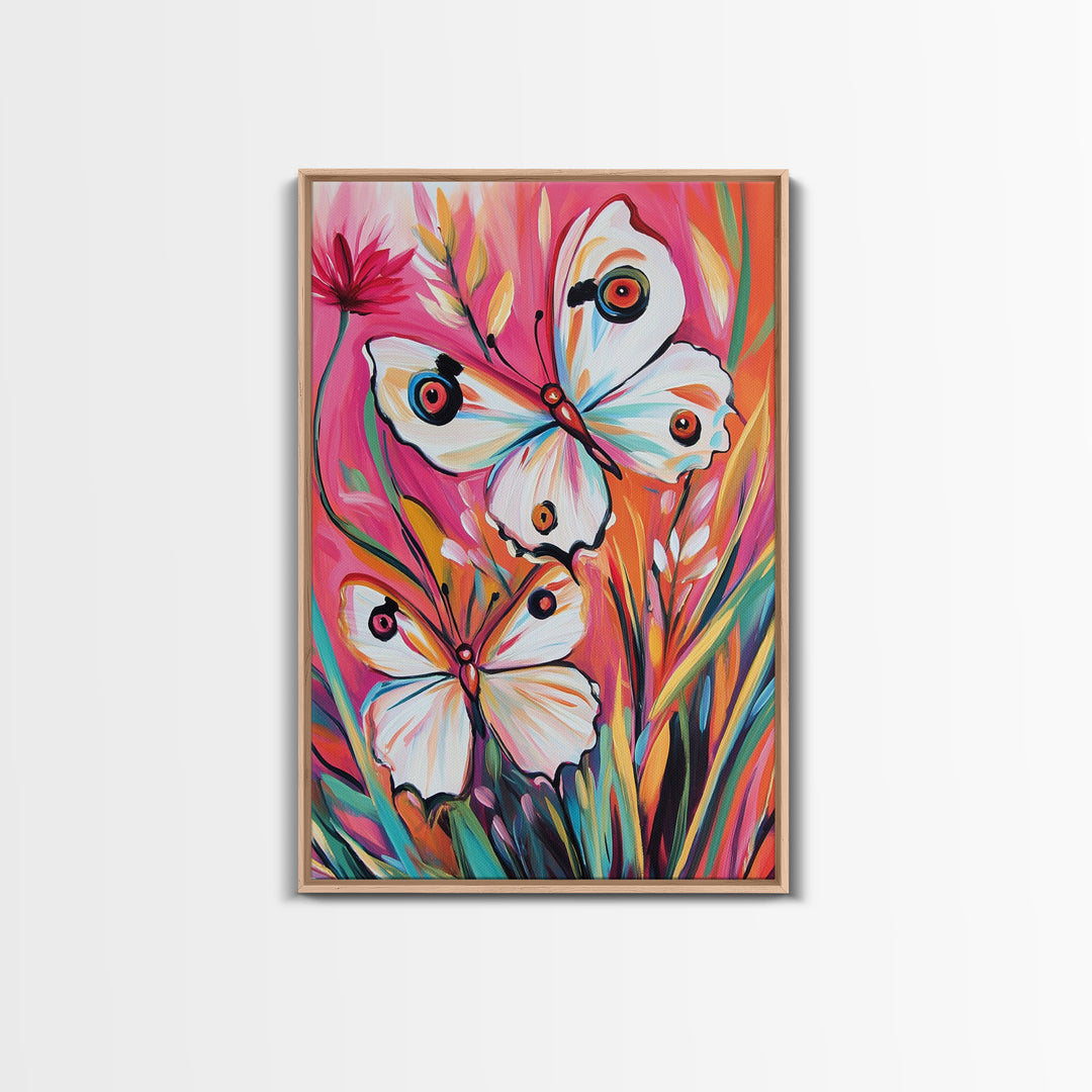 Abstract Painting Print of White Butterflies on Pink Background, Home Decor, Preppty Wall Art, Framed Canvas Print