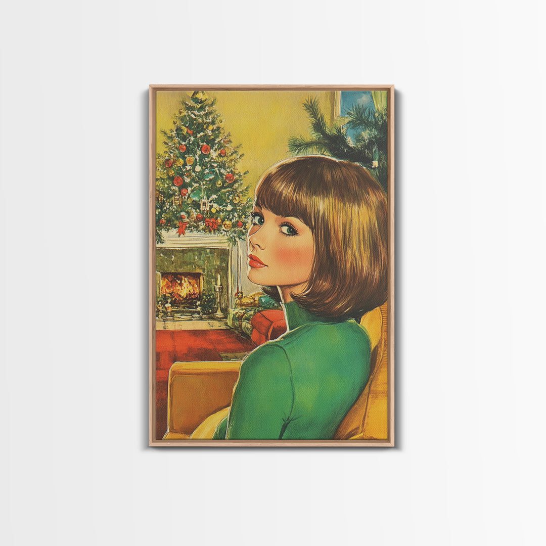 Christmas Postcard Style Art, Home Decor, Christmas Wall Art, Framed Canvas Print, 1950s Christmas Style Wall Art, Christmas Postcard Art