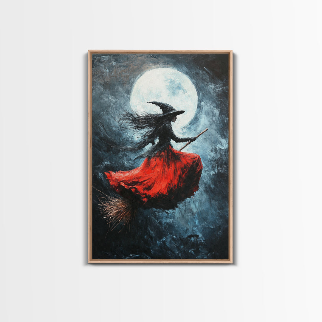 The Witch Rides her Broom under a full moon - Framed Canvas Print - Witchy Decor - Witch Painting - Halloween Wall Art