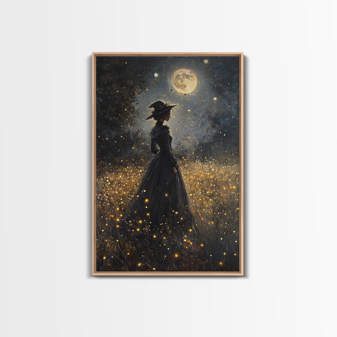 Witch Under a Full Moon Framed Canvas Print, Vintage Art Prints, Dark Academia, Witchy Gifts, Halloween Prints, Gothic Wall Art