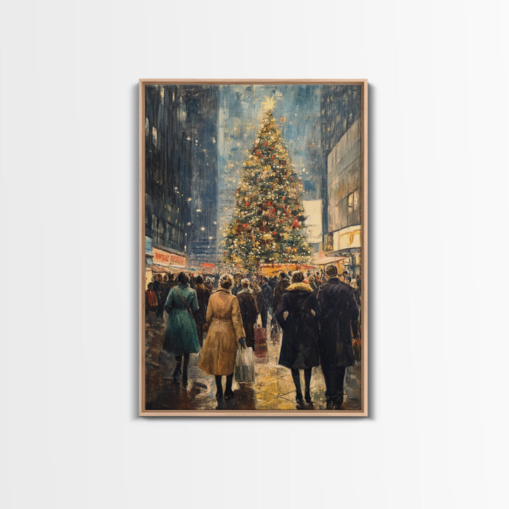 Christmas Village Wall Art Canvas print - Christmas Painting - Christmas Shopeprs in NYC in the 1950s - Christmas Decor - Winter Wall Art