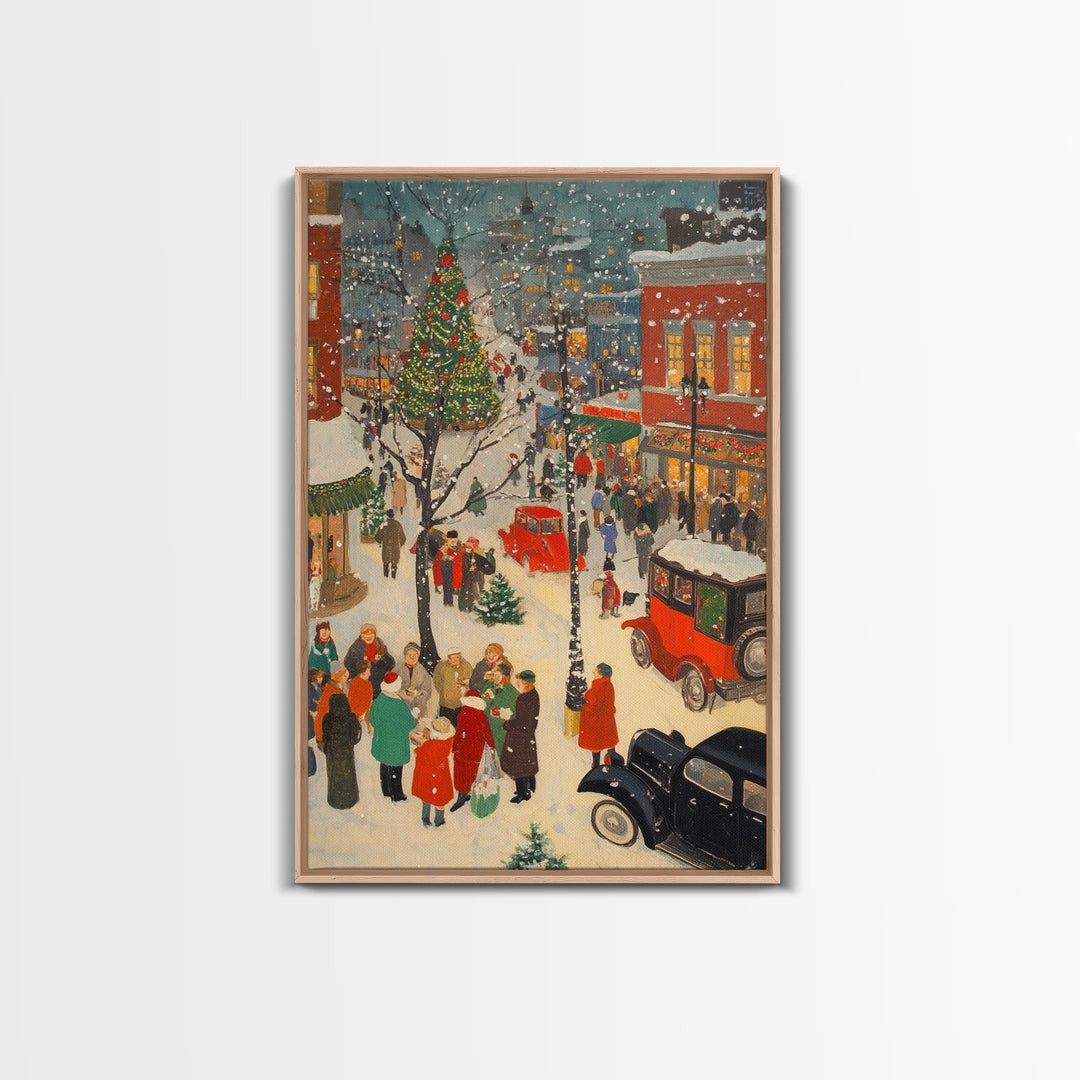 Christmas Village Home Decor - Framed Canvas Print - Retro Christmas Village Painting - Christmas Shoppers Painting - Retro Christmas Decor