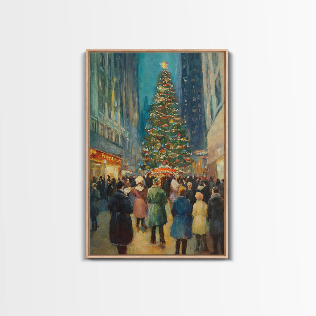 Christmas in Town Sqaure Framed Canvas Print, Retro Christmas Village Wall Art, Christmas Decor, Christmas Wall Art, Farmhouse Christmas