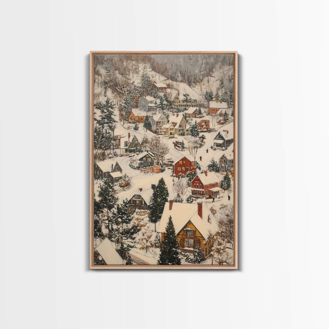 Christmas Village Covered in Snow, Framed Canvas Print, Christmas Oil painting print, Vintage Christmas Art Print, Christmas Wall Art