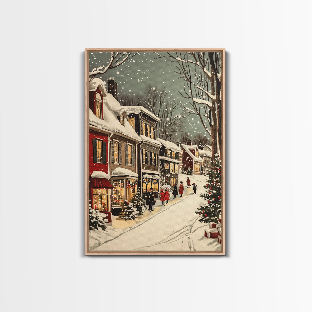 Christmas in Boston Framed Canvas Print, Christmas Village Wall Art, Christmas Prints, Christmas Decor Idea, Christmas Art