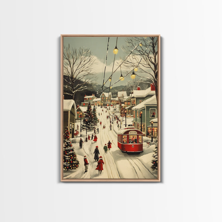 Vintage Christmas Trolley Painting Print, Framed Canvas Art, Christmas Village Wall Art
