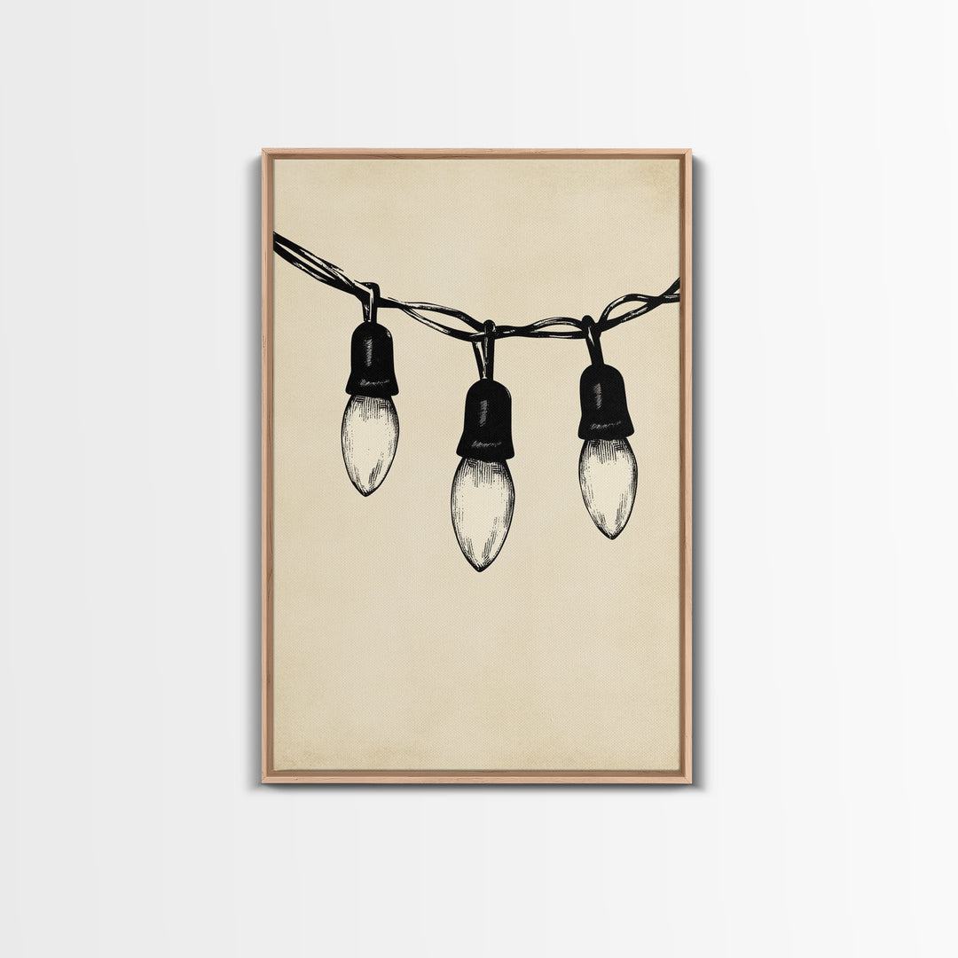 Black and White Sketch of Christmas Lights Canvas Print - Framed Canvas - Minimalist Christmas Art - Boho Christmas Art - Rustic Christmas Art