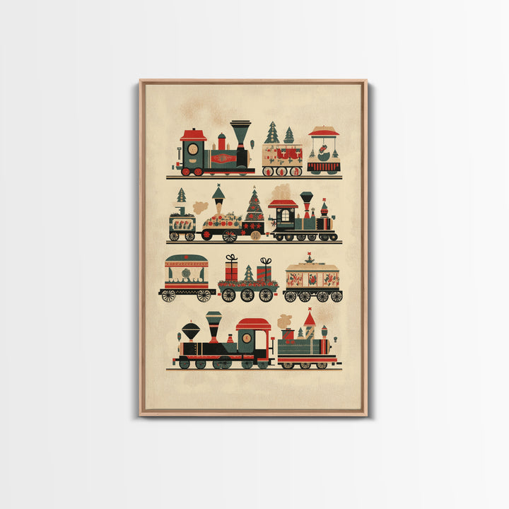 Cute Christmas Trains Canvas Print - Framed Canvas - Minimalist Christmas Art - Boho Christmas Art - Rustic Christmas Art