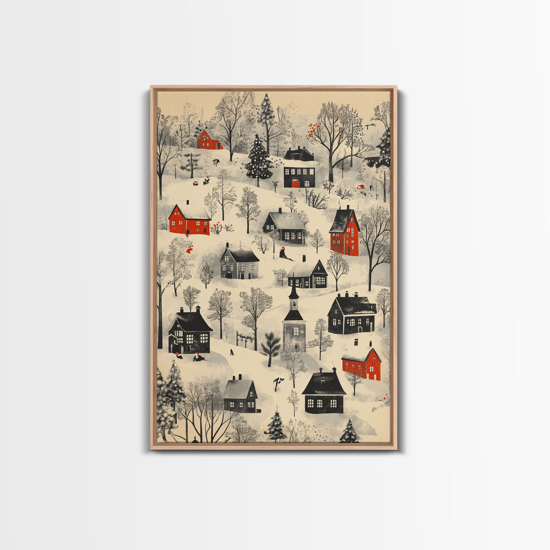 Sketch of a Christmas Village Canvas Print - Framed Canvas - Minimalist Christmas Art - Boho Christmas Art - Rustic Christmas Art