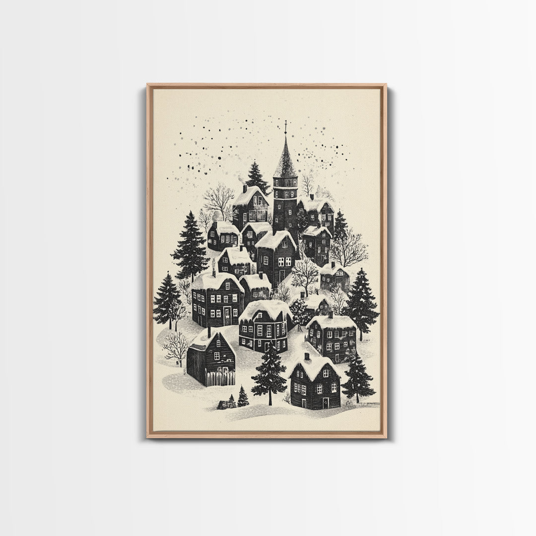 Black and White Sketch of A Christmas Village Canvas Print - Framed Canvas - Minimalist Christmas Art - Boho Christmas Art - Rustic Christmas Art
