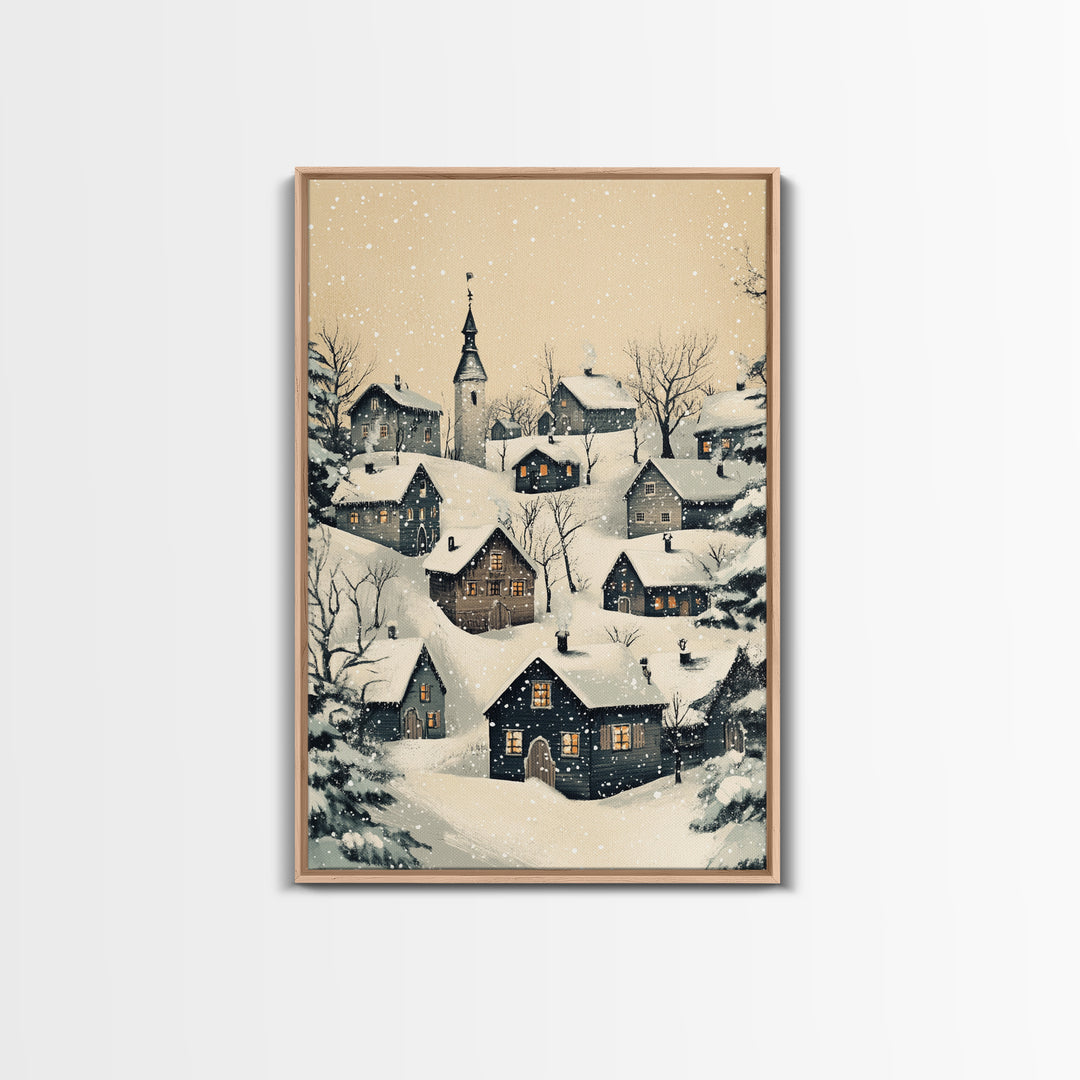 Christmas Village Canvas Print - Framed Canvas - Minimalist Christmas Art - Boho Christmas Art - Rustic Christmas Art