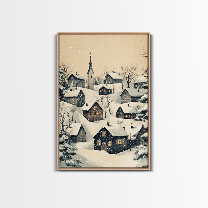 Christmas Village Canvas Print - Framed Canvas - Minimalist Christmas Art - Boho Christmas Art - Rustic Christmas Art