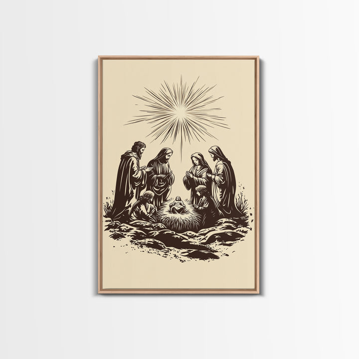 Nativity Scene Canvas Print - Framed Canvas - Minimalist Christmas Art - Boho Christmas Art - Rustic Christmas Art - Nativity Painting
