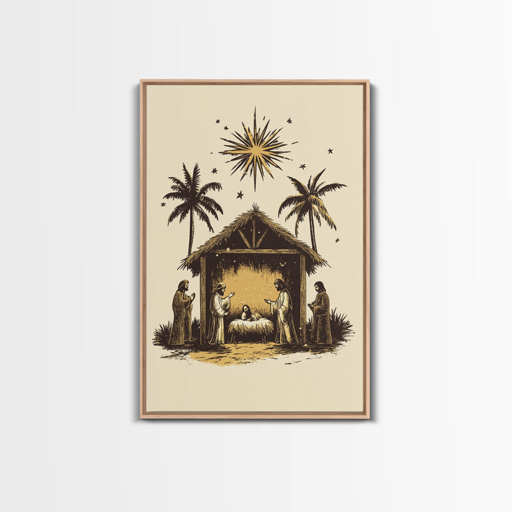 Vintage Nativity Scene Canvas Print - Framed Canvas - Minimalist Christmas Art - Boho Christmas Art - Rustic Christmas Art