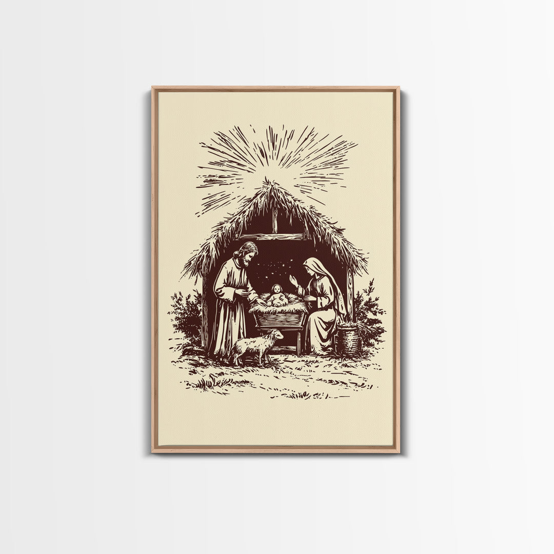 Retro Nativity Scene Canvas Print - Framed Canvas - Minimalist Christmas Art - Boho Christmas Art - Rustic Christmas Art
