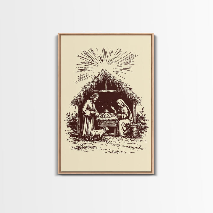 Retro Nativity Scene Canvas Print - Framed Canvas - Minimalist Christmas Art - Boho Christmas Art - Rustic Christmas Art