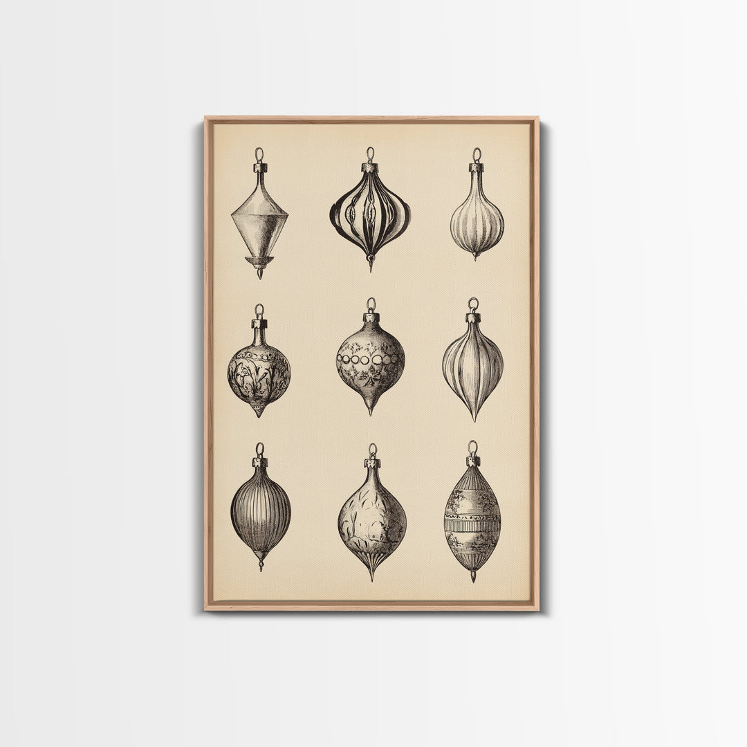 Retro Christmas Ornaments Canvas Print - Framed Canvas - Minimalist Christmas Art - Boho Christmas Art - Rustic Christmas Art