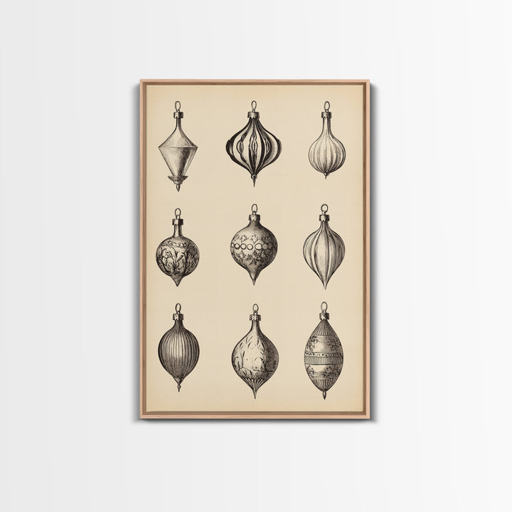 Retro Christmas Ornaments Canvas Print - Framed Canvas - Minimalist Christmas Art - Boho Christmas Art - Rustic Christmas Art