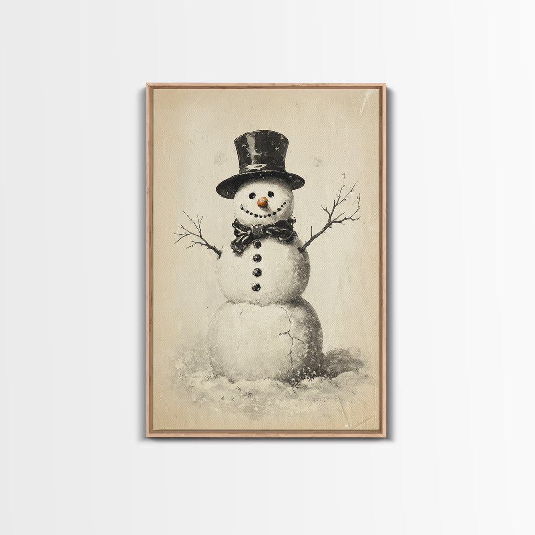 Retro Snowman Canvas Print - Framed Canvas - Minimalist Christmas Art - Boho Christmas Art - Rustic Christmas Art