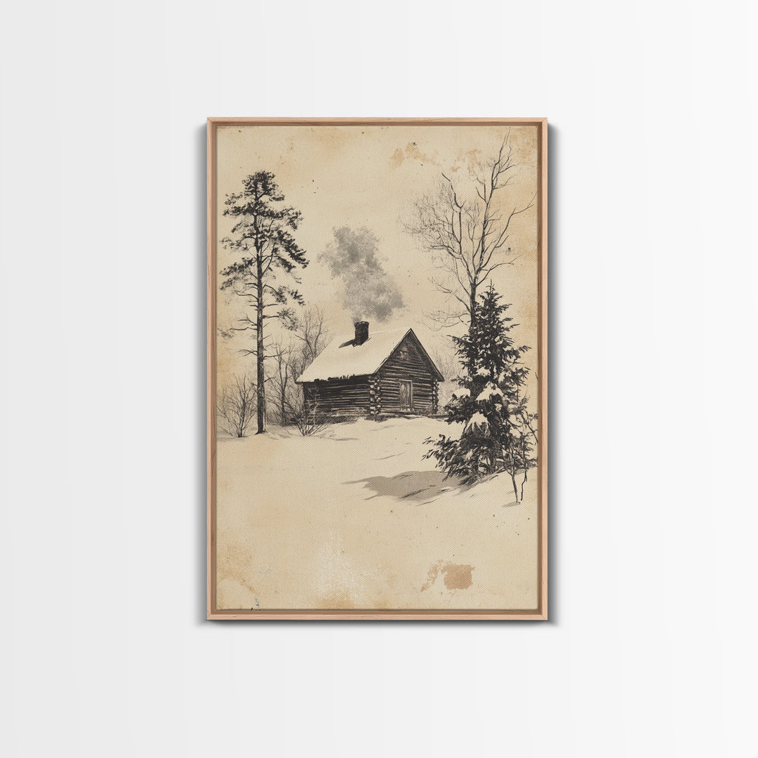Christmas Cabin Canvas Print - Framed Canvas - Minimalist Christmas Art - Boho Christmas Art - Rustic Christmas Art